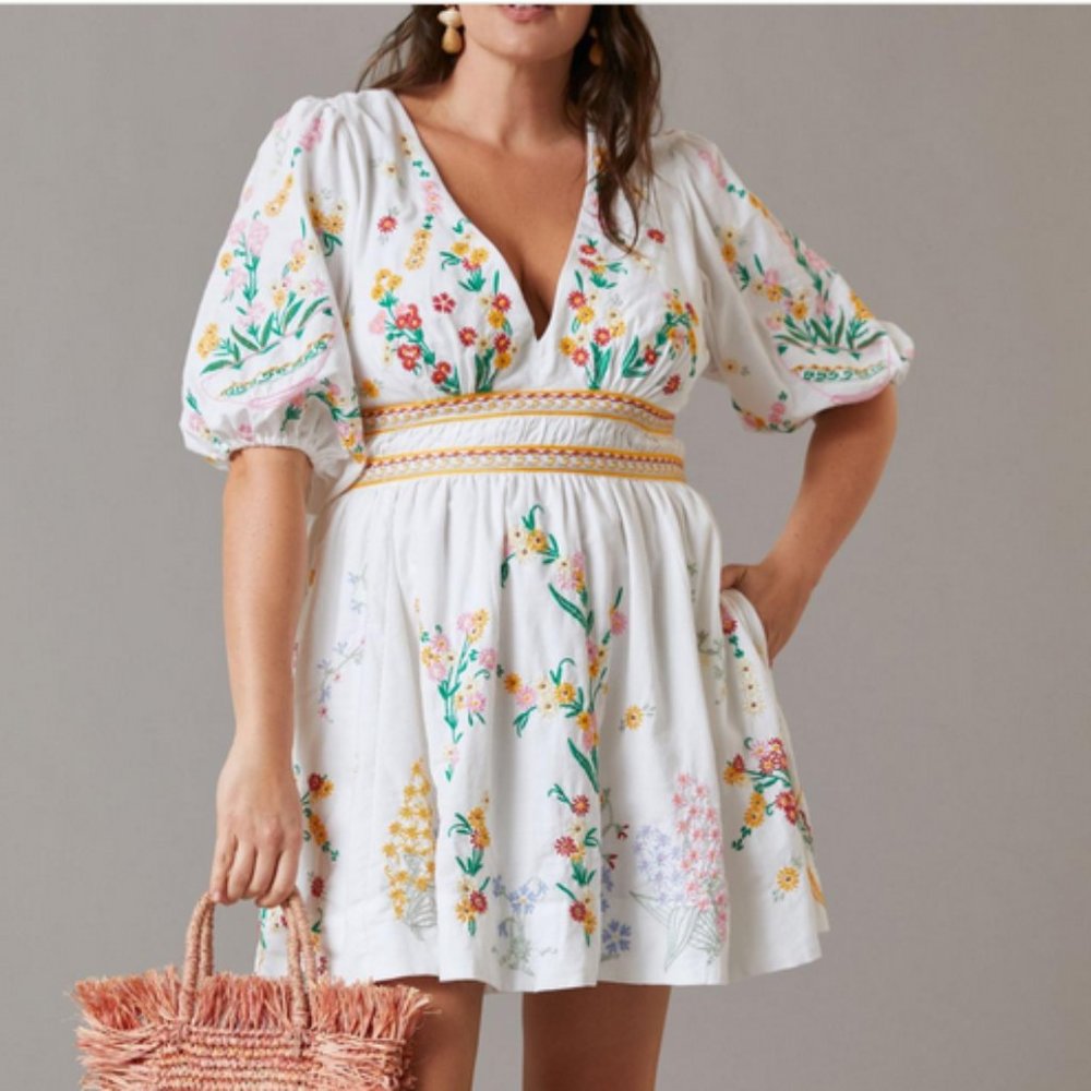 Anthropologie Deep-V Floral Embroidered Mini Dress Size 2XL White - Picture 1 of 13
